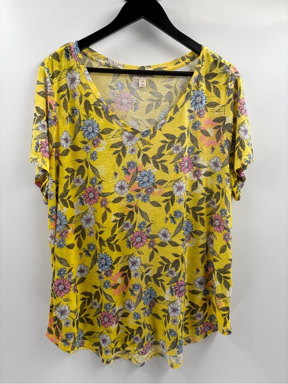Style & co. womens floral yellow summer bohemian tee v neck tee T-shirt sz 2x